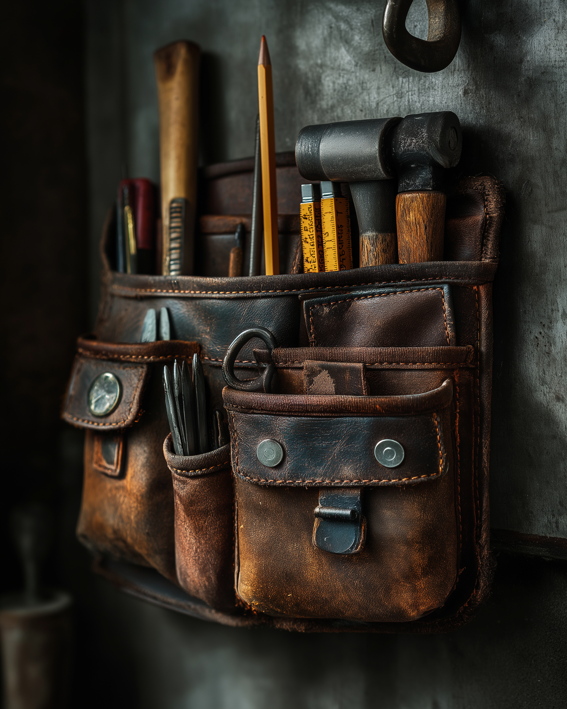 Leather tool belt with tools
