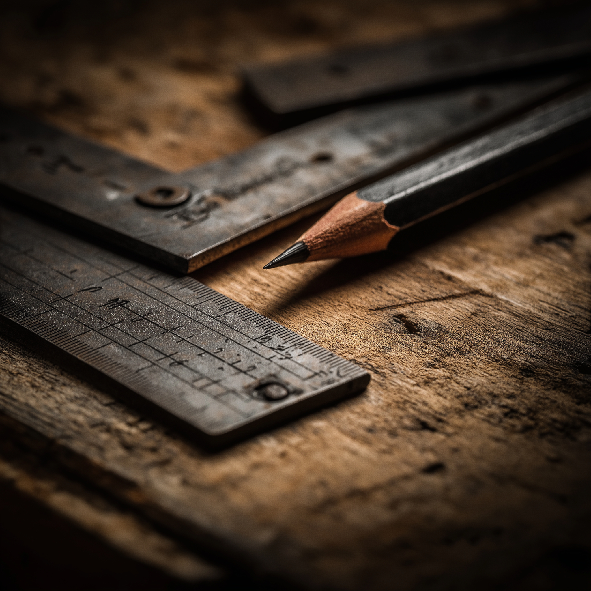 Combination square and pencil on lumber